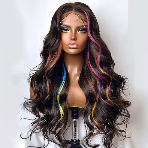 HD Lace Custom Color Wig with 13x4 frontal in natural black featuring rainbow highlights and long body wave human hair for realistic styling.