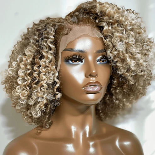 SOLD OUT 13x4/13x6 HD lace wig in 6/613 color with beautiful bouncy curly texture, displayed on mannequin for wig styling preview.