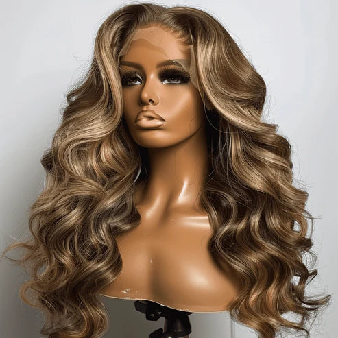 HD Ombre Lace Wig with body wave texture in a natural brown-to-blonde blend, featuring a 13x4 lace front for a seamless hairline and versatile styling.