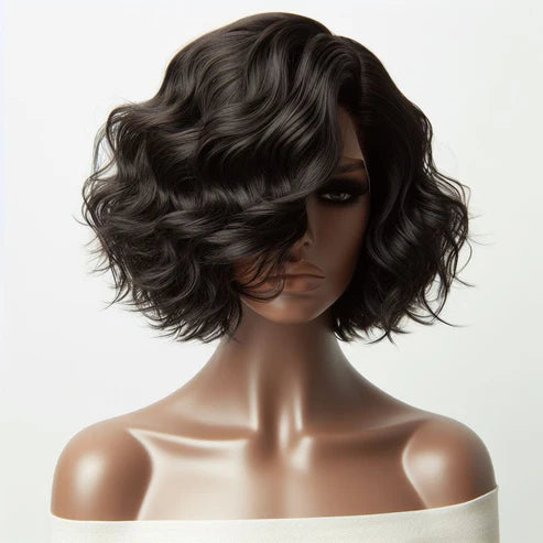 Transparent Blunt Cut Bob Wig with deep waves and HD lace front. Sleek human hair wig ideal for a natural, stylish everyday look.