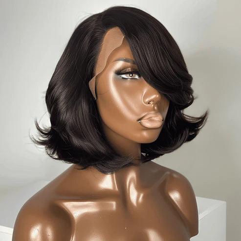 13x6 HD Lace Bob wig with side part and layered cut in short length, styled in sleek 100% human hair with 180% density for a natural look.
