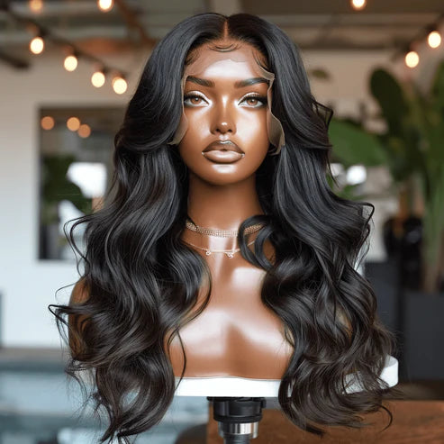 13X4/13X6 HD LACE BODY WAVE WIG displayed on mannequin with deep parting and natural hairline. HD lace offers seamless blend and realistic look.