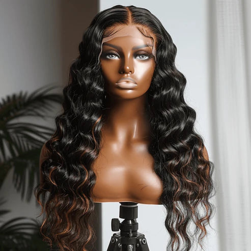 13×6 HD Lace Virgin Body Wave Wig displayed on mannequin head with soft, wavy 100% human hair and natural-looking HD lace hairline.