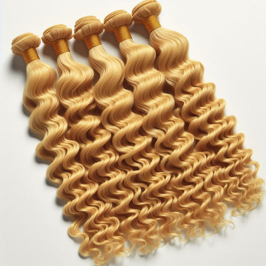 613 Blonde Deep Wave Bundle featuring soft, defined curls in vibrant blonde. 100% human hair extensions ideal for bold, stylish looks.
