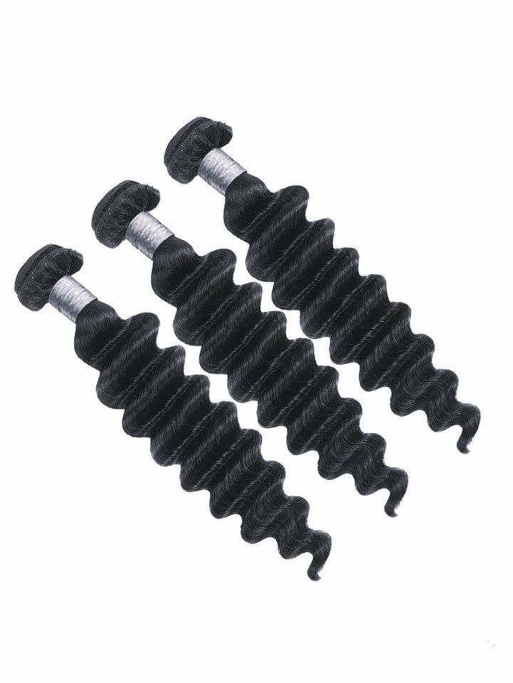 Natural Black Deep Wave Human Hair extensions with full, defined curls. 100% human hair bundles ideal for voluminous, tangle-free styling.