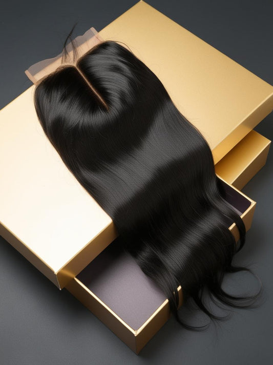Natural Black Straight Lace Closure in 5x5 and 7x7 sizes, made from 100% human hair with silky, tangle-free texture on a gold display box.