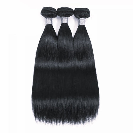 Midnight Black Hair Bundle featuring 3 wefts of 100% natural silk straight hair for sleek, long-lasting styling. Ideal for seamless hair extensions.