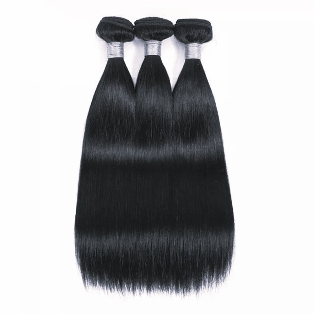 Midnight Black Hair Bundle featuring 3 wefts of 100% natural silk straight hair for sleek, long-lasting styling. Ideal for seamless hair extensions.