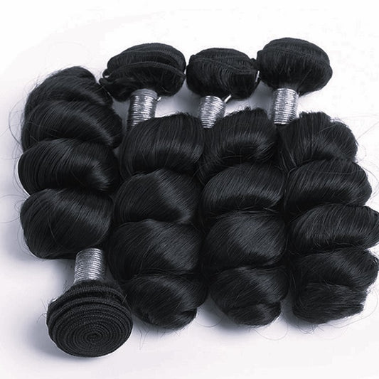 Natural Black Loose Wave Human Hair bundles with soft, bouncy curls. 100% human hair extensions for a voluminous, natural look.