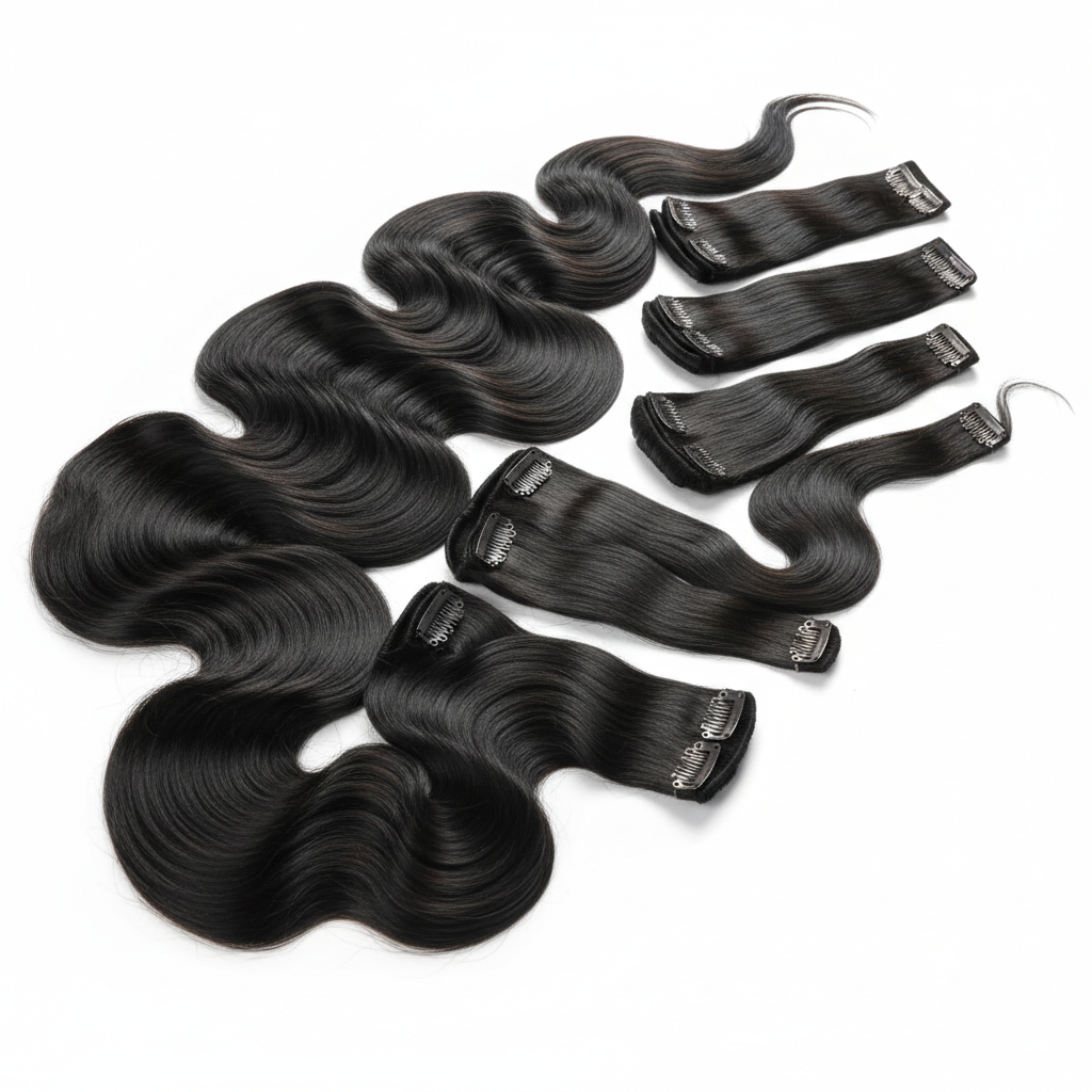 BODY WAVE 7 PICES CLIP IN NATURAL BLACK WITH NO NAME BRAND ON IT