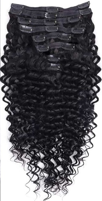 Deep Wave Human Hair Bundles – 7 Pieces Set with clip-ins, featuring soft curly texture and full volume for natural deep wave styles.