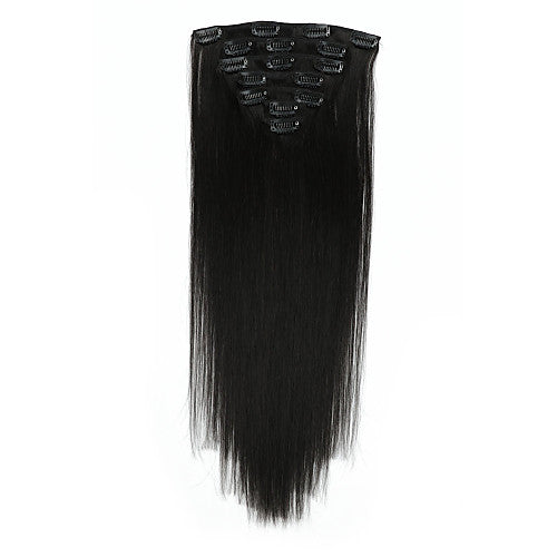Straight Human Hair Bundles – 7 Pieces Set with silky, natural black texture and secure clip-in design for easy hair styling and volume boost.