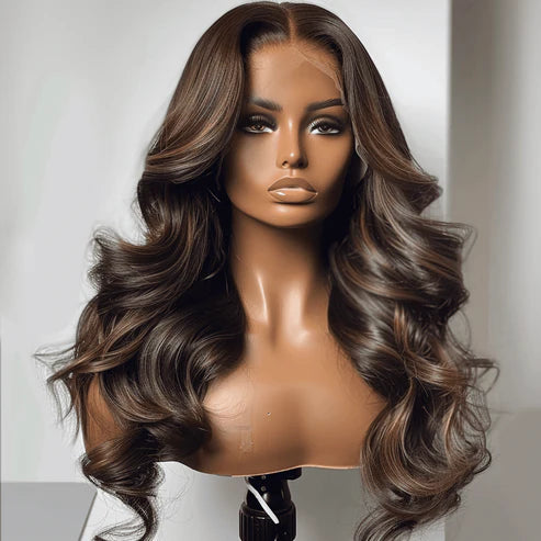 100% human hair wig with HD lace in a long, voluminous wavy style. Natural brown color offers a flawless, realistic look for everyday wear