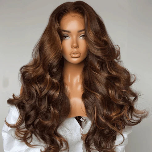 13X4 / 13X6 HD Lace Frontal Gorgeous Brown Body Wave Wig with voluminous curls and natural hairline, ideal for stylish hair transformations.