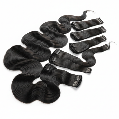 BODY WAVE 7 PICES CLIP IN NATURAL BLACK WITH NO NAME BRAND ON IT