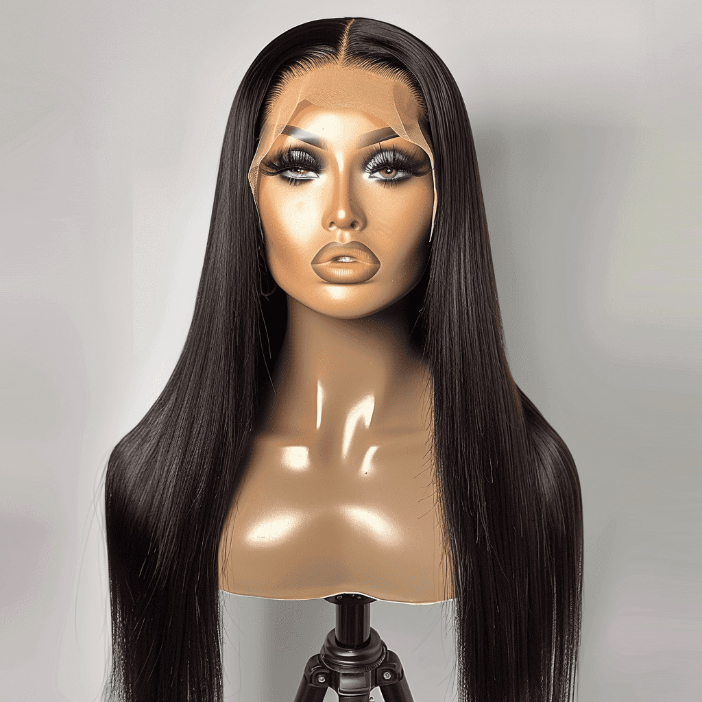 5X5 HD Lace Closure Middle Part wig with sleek, straight 100% human hair and natural scalp-like finish on mannequin head. Ideal for seamless styling.
